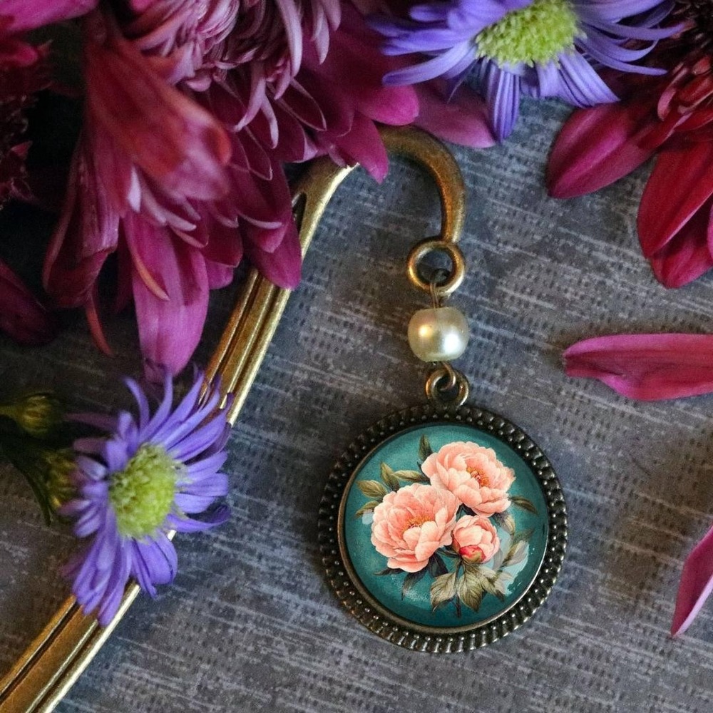 Pink Peony Flowers Bookmark -‎ Bronze & Glass Cabochon Book Hook - Pearl Bead